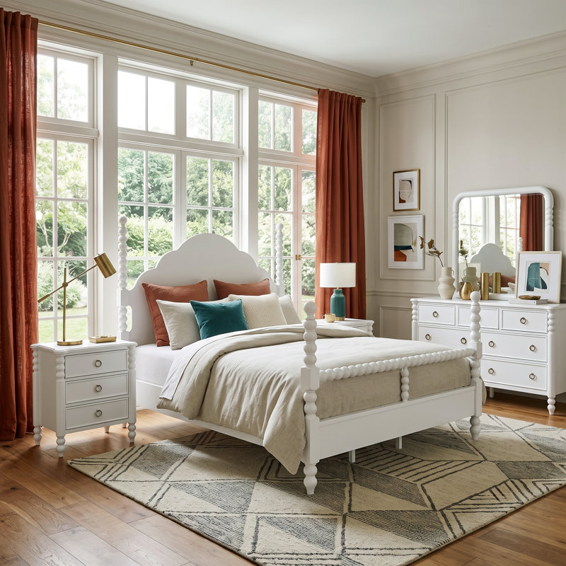 Ensemble de chambre à coucher 5 pièces Roundhill Furniture Avellune: grand lit à baldaquin avec 3 colonnes de hauteur interchangeables, commode, miroir et 2 tables de chevet, finition blanche