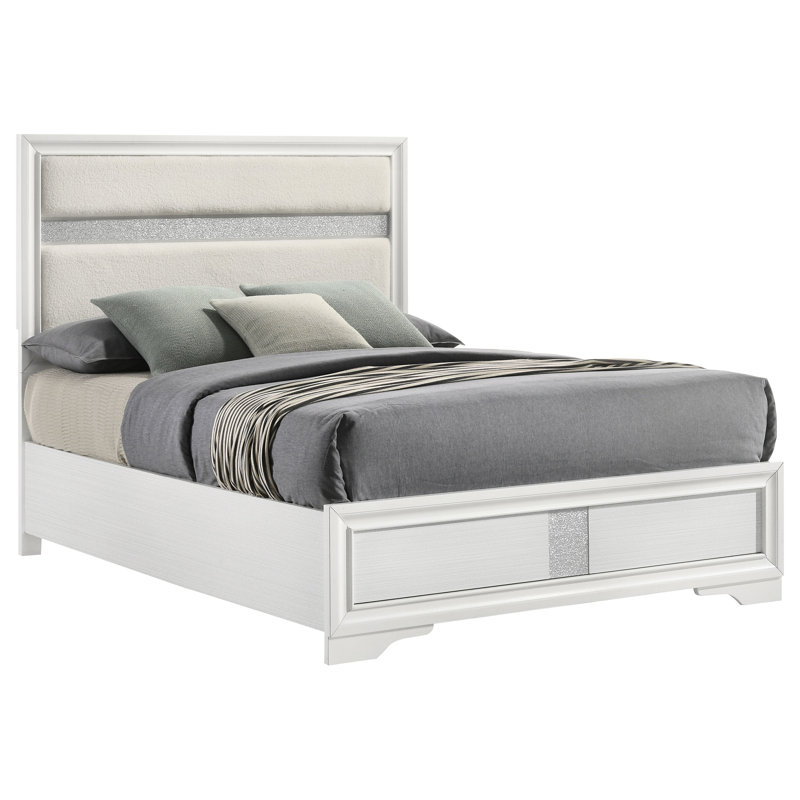 White Queen Bed With Upholstered Design, Glitter Stripe On Headboard, Matching Accent, Low - Profile Design Panel Smooth Trim, And Center Support