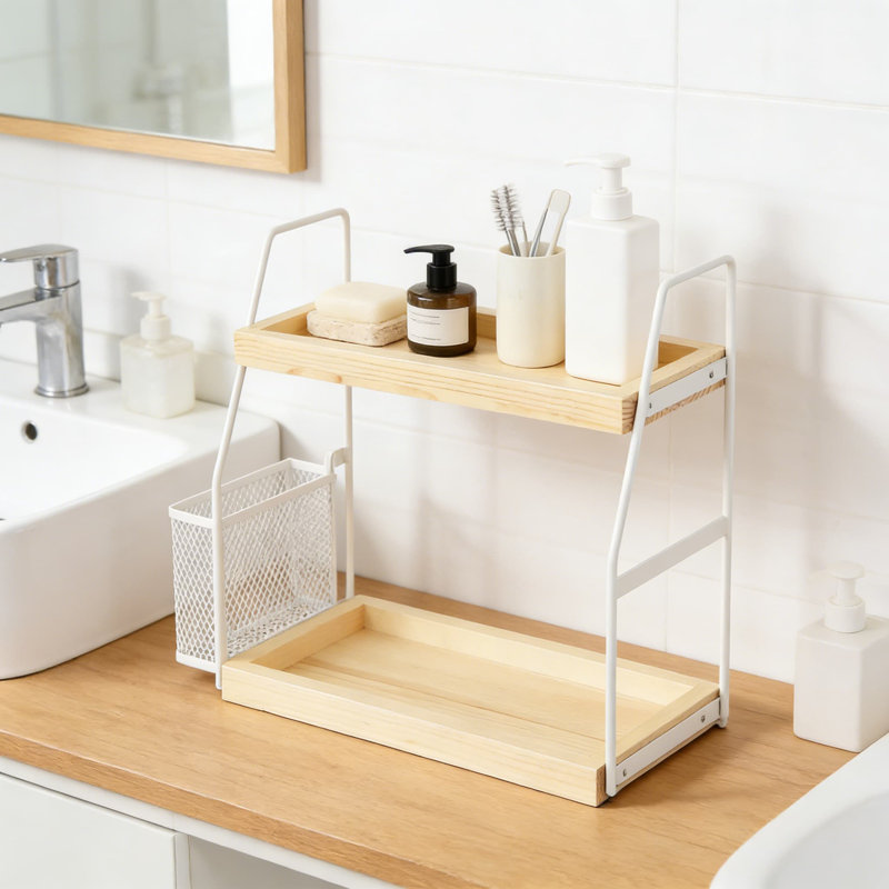Organisateur de comptoir de salle de bain à 2 niveaux avec panier de rangement, tablette de meuble-lavabo en bois pour les soins de la peau et le maquillage, organisateur de comptoir peu encombrant