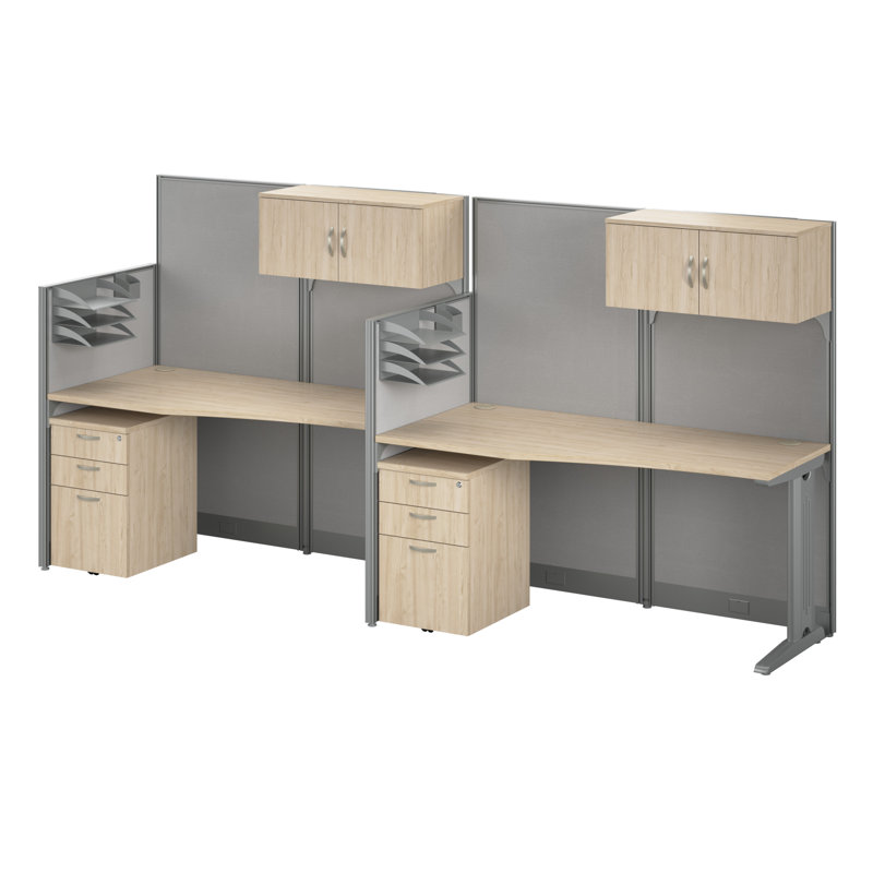 BBF Office In An Hour 2 Person Straight Cubicle Desks with Storage, Drawers, and Organizers, Natural Elm