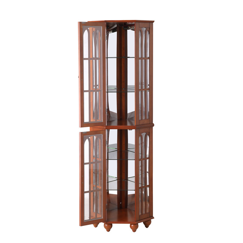 Vitrine d'angle avec 4 tablettes réglables en verre trempé et système d'éclairage, pieds en bois massif, panneau arrière en miroir en acrylique (ampoule E26 non incluse)