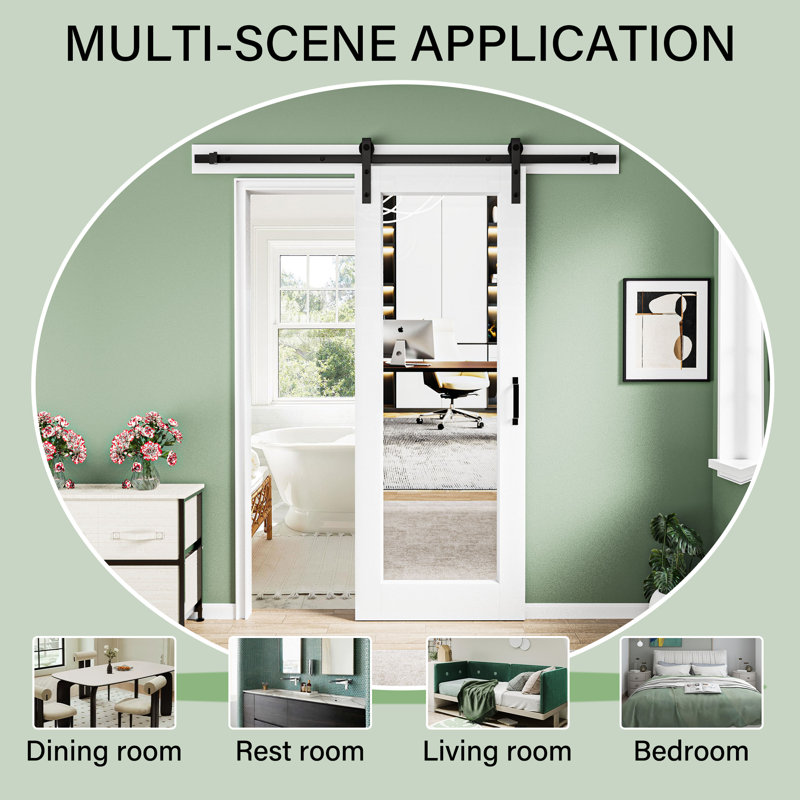 White Primed Glass Mirrored And Solid Wood With Installation Hardware Kit Barn Door(No Assembly Required), 32" x 80"