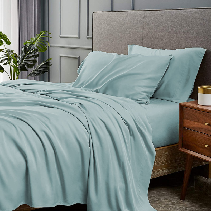 Ensemble de draps 4 pièces en rayonne de bambou, Ensemble de draps pour lit simple avec deux taies , Sarcelle clair
