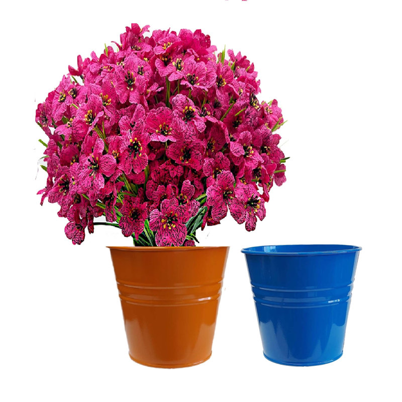 Enameled Galvanized Steel Planter For 6.5" Plants. Set Of Two, Blue/Orange