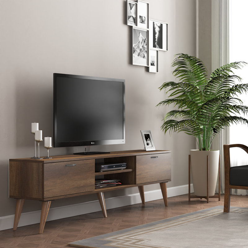 Juback 71'' Mid-Century Modern TV Stand for TVs up to 80'', Walnut Finish Media Console with Storage Cabinets, Wood Grain & Cable Management