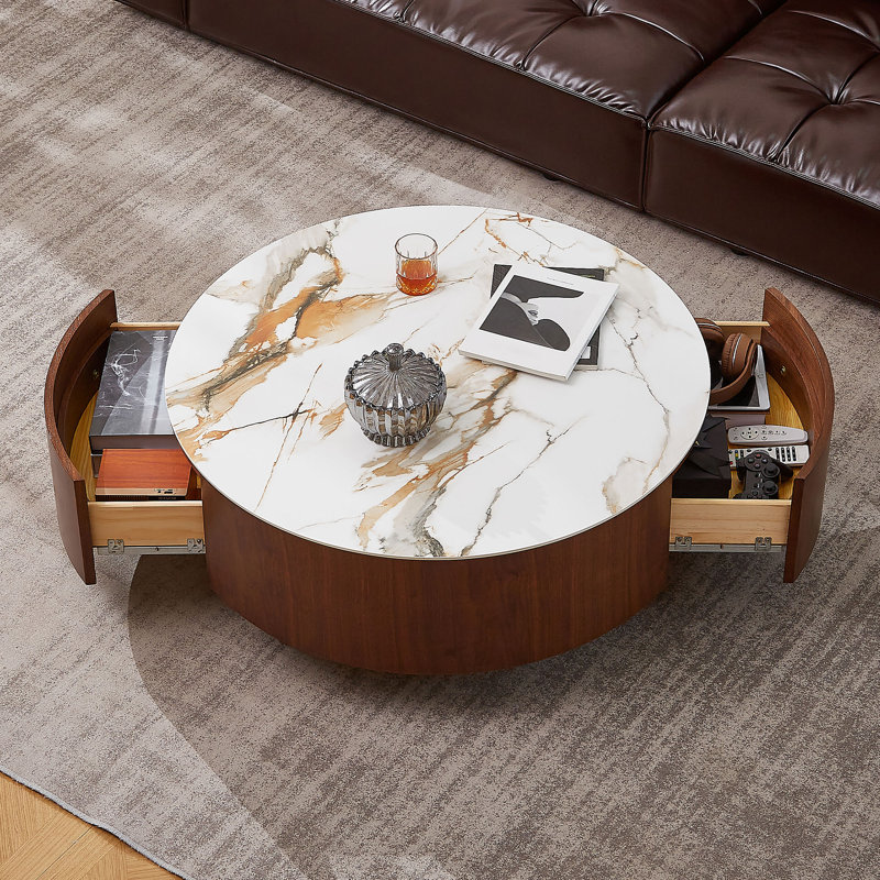35.4" Modern Faux Marble Coffee Table Round With Classic Solid Wood Base Walnut Veneer 2 Storage Drawers Included For Living Room.