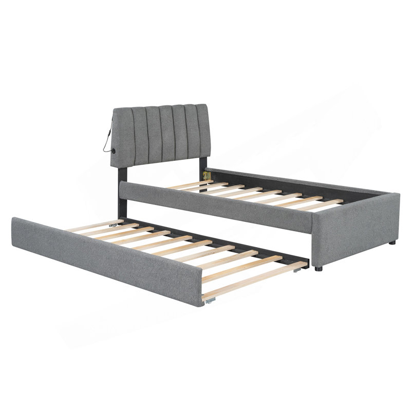 Lit plateforme tapissier simple avec lit gigogne Teddy, Gris