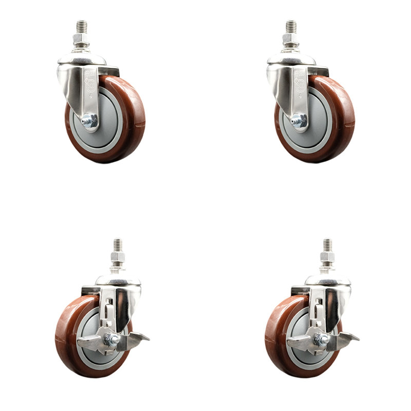 4 Inch 316SS Maroon Polyurethane 12mm Threaded Stem Caster Set 2 Brakes SCC