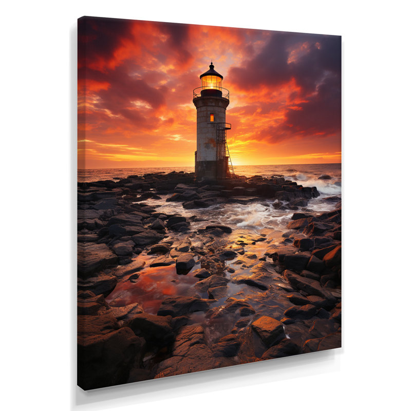 Phare sur le rocher essaim rouge océan coucher de soleil - art mural phares, Toile tendue, H 40 po x l 30 po x P 1,5 po