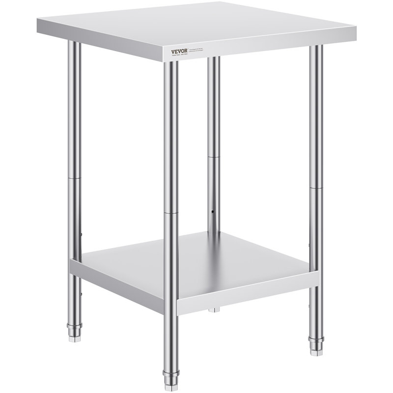 Stainless Steel Prep Table, 24 x 24 x 34 Inch, 700 lbs Load Capacity, Heavy-Duty Metal Worktable with 3 Adjustable Height Levels, Commercial Workstation for Kitchen Garage Restaurant Backyard