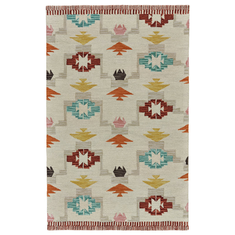 Auguste Geometric Handmade Tufted Wool Ivory/Crimson Area Rug, Rectangle 8' x 11'