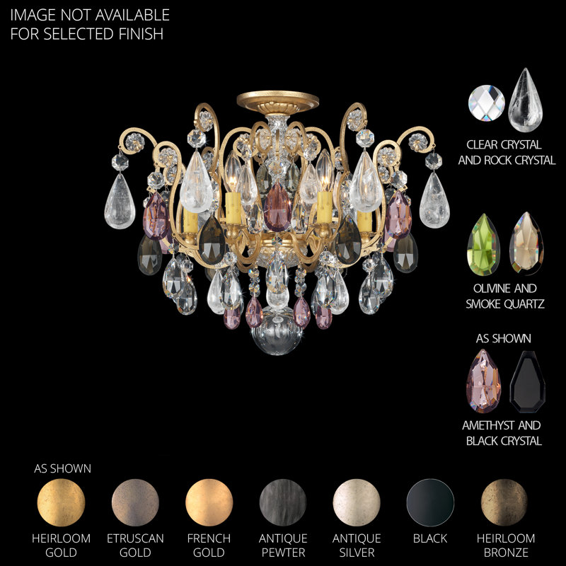 Renaissance Semi Flush Mount, Amethyst And Black Diamond Color Crystals, Antique Pewter