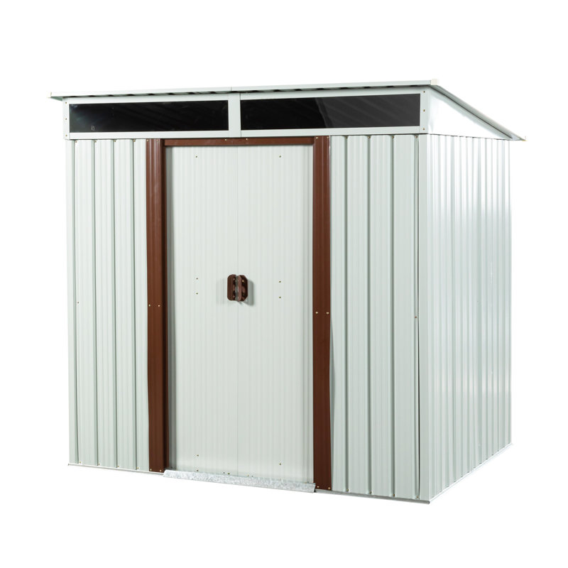 Rangement extérieur en métal de 6 pi x 5 pi, construction robuste en acier galvanisé et en aluminium, plateforme de fondation, portes coulissantes verrouillables, étapes d'assemblage faciles, support, offert