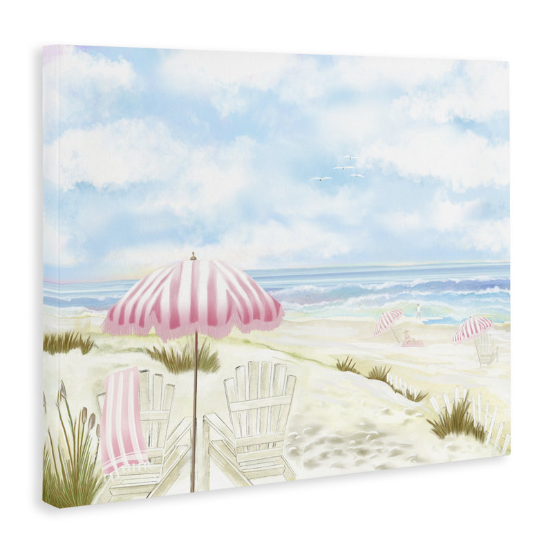 Paysage marin avec toile de parasol rose, design par Lori Mosley, H 24 po x l 30 po