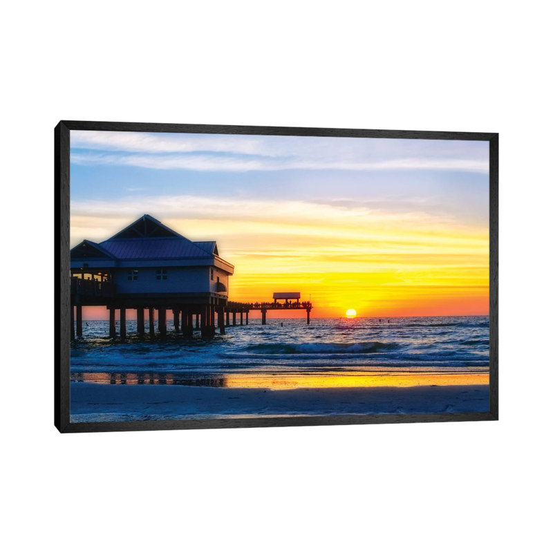 Clearwater Beach Sunset Over The Pier, Florida by George Oze - Print on Canvas, 66.04 cm H x 45.72 cm W, Black Framed Canvas