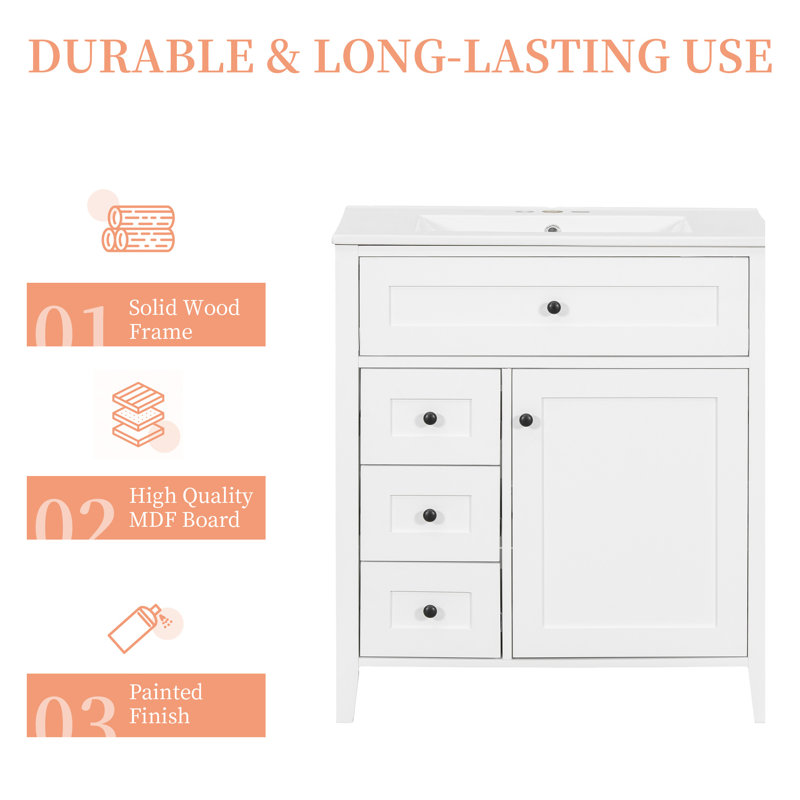 Meuble-lavabo simple autoportant blanc avec lavabo et rangement en céramique, White