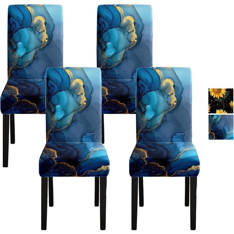 Housses de chaises de salle à manger - marbre bleu - ensemble de 4, housses extensibles, élégant motif abstrait bleu et doré, lavables, protecteurs de chaise pour la salle à manger, la cuisine et les événements