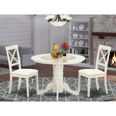 Ensemble de salle à manger 3 pièces pour petits espaces comprenant une table de cuisine ronde avec pied central et 2 chaises de salle à manger rembourrées en similicuir, 107 x 107 cm, blanc lin