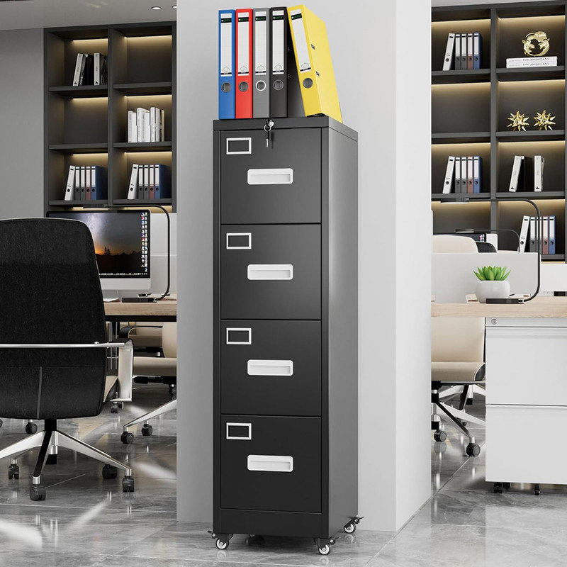 4-Drawer Rolling File Cabinet with Lock - 56" Metal Storage for Office, Black
