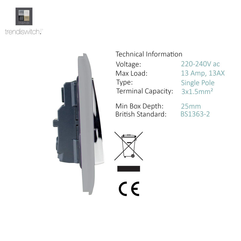Trendi Switch 1 Gang 13 Amp Switched Plug Socket, Steel