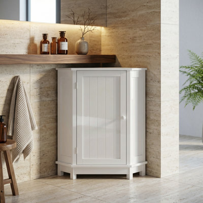 White Triangle Corner Bathroom Storage Cabinet with Adjustable Shelves and Modern Style Design