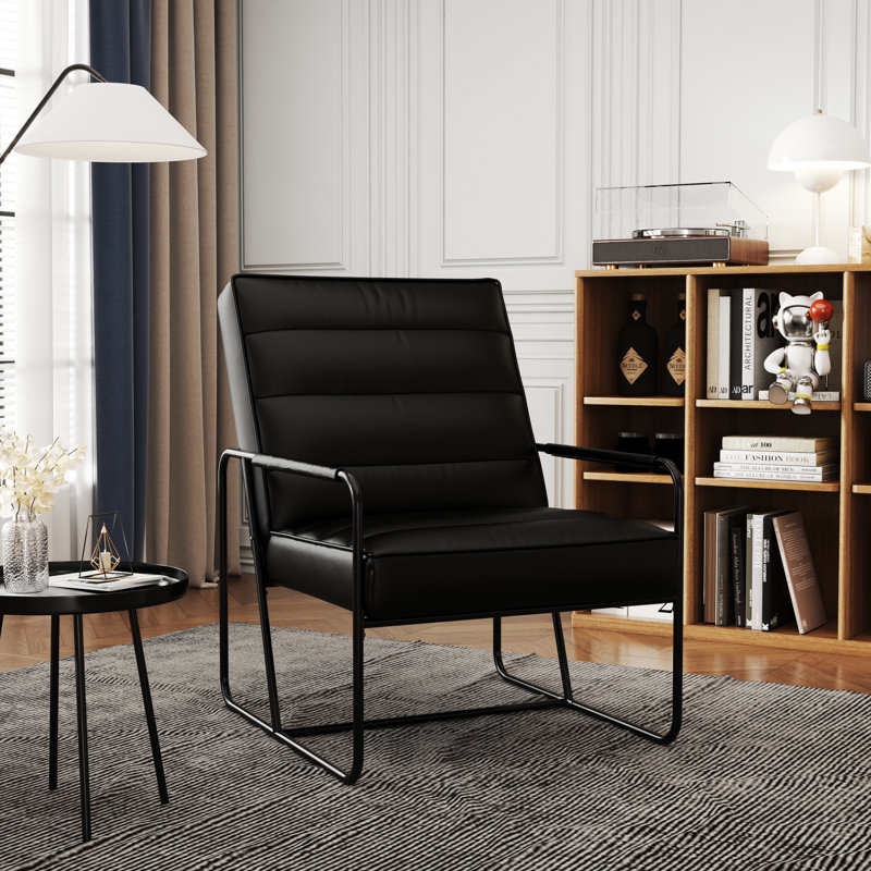 Fauteuil moderne avec cadre en métal et cuir, Cuir technique noir
