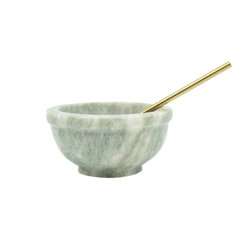  Set of 2 Bowl and Spoon Set Green Lady Onyx & Stainsteel With Brass Finish