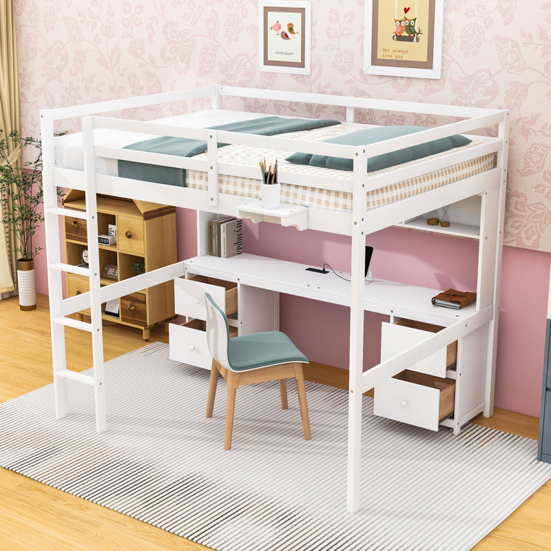 4 Drawers Full Loft Bed With Built‑In Desk, Shelves, Charging Station And Guardrails, White