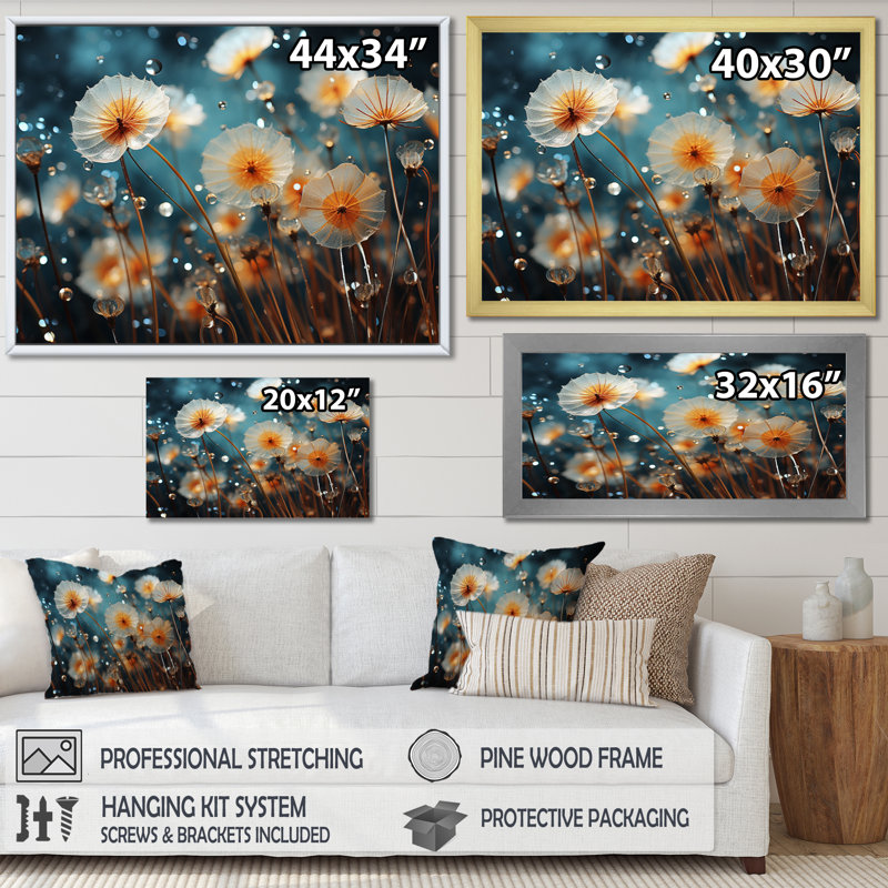 «Blue Dandelion Floral Symphony V», reproduction sur toile, H 12 po x l 20 po x P 1 po, Cadre photo blanc