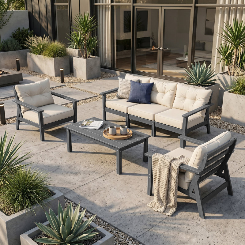 Ensemble de conversation d'extérieur en PEHD pour 5 personnes avec coussins, 4 pièces: table, canapé, 2 chaises, Gris