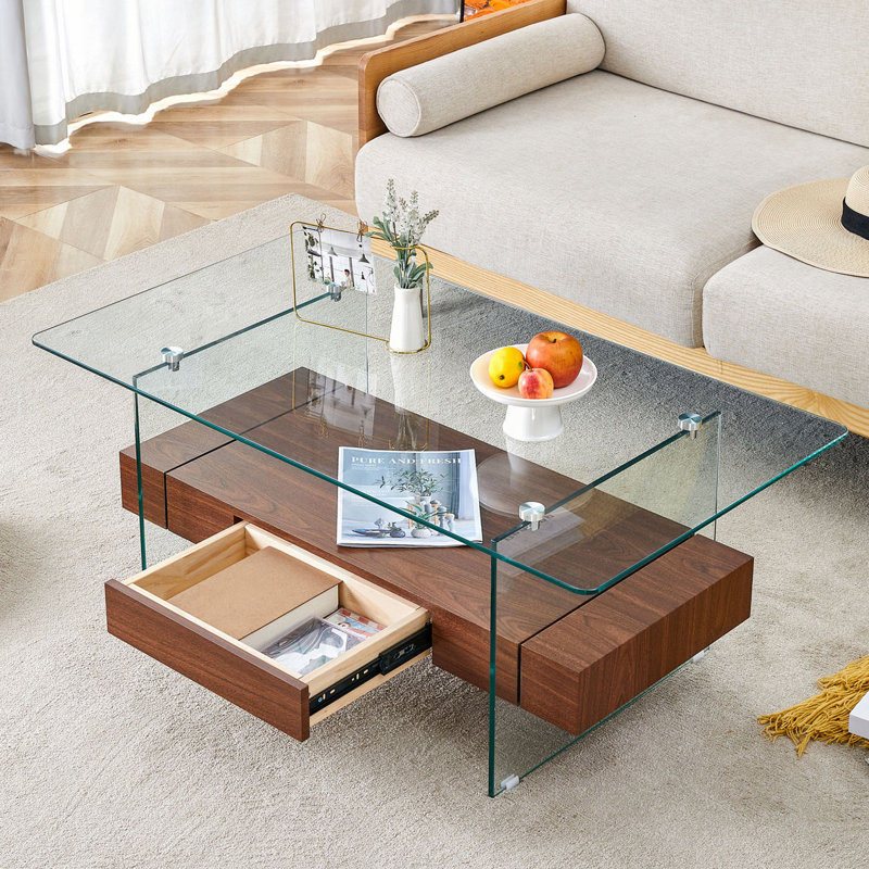 Table basse à dessus en verre, Noyer
