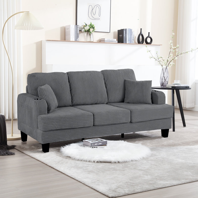 Canapé 84 po à 3 places avec accoudoirs carrés rembourrés 84 po avec porte-gobelets, poches et prises USB, Gris