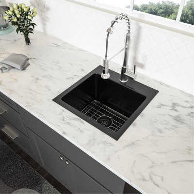 Évier de cuisine noir de 15 po Gunmetal, acier inoxydable N30 de calibre 16 T304, surface facile à nettoyer et à empreinte digitale, conception en forme d'écoulement d'eau en X, coin arrondi R10, revêtement de condensation, caoutchouc de 3 m