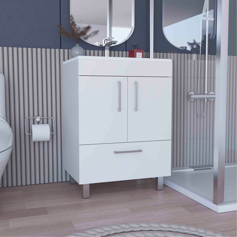 Meuble-lavabo simple, armoire à deux portes, tiroir (SANS ROBINET INCLUS), White, White
