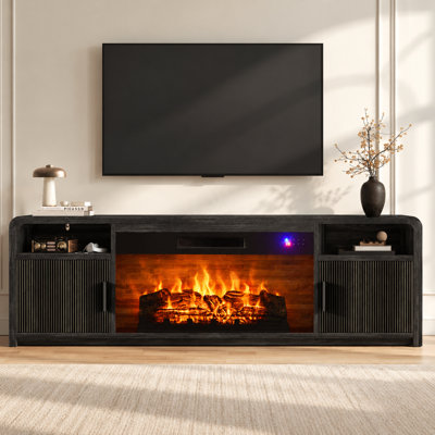 Meuble télé 70 po pour téléviseur de 75 po ou moins avec portes cannelées et grand rangement et bords arrondis