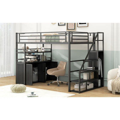 Metal Loft Bed With Fastening Storage - Staircase, Wardrobe, Shelves, Lockers Black Featuring Shelves And