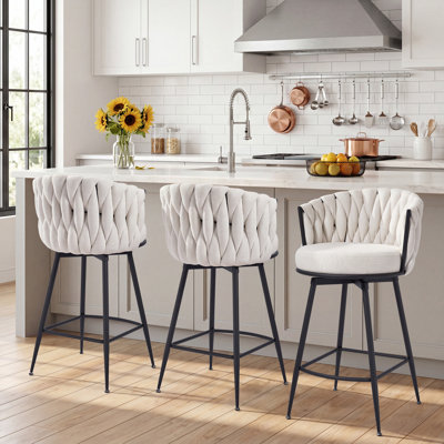 Bar Stools Set of 3 for Kitchen Counter, 26 inch Modern Fabric Counter Height Barstools, 360° Swivel Bar Chairs Stools with Woven Back and Footrest for Bar, Kitchen Island