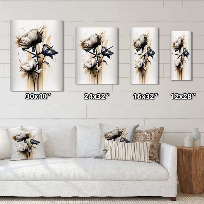 Gerbera blanc sur fond de peinture beige doré II - très grandes horloges murales florales, H 32 po x l 16 po x P 1 po