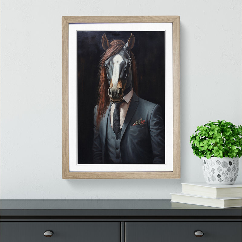 Pony In A Suit No.2 - Single Picture Frame Print on Wood, 34cm H x 25cm W x 2cm D, Oak 