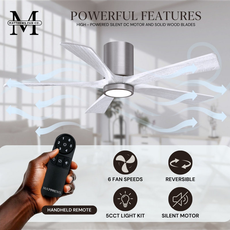 Irene Flushmount Light Kit 5 Blade LED Ceiling Fan, Brushed Pewter, 52", Matte White
