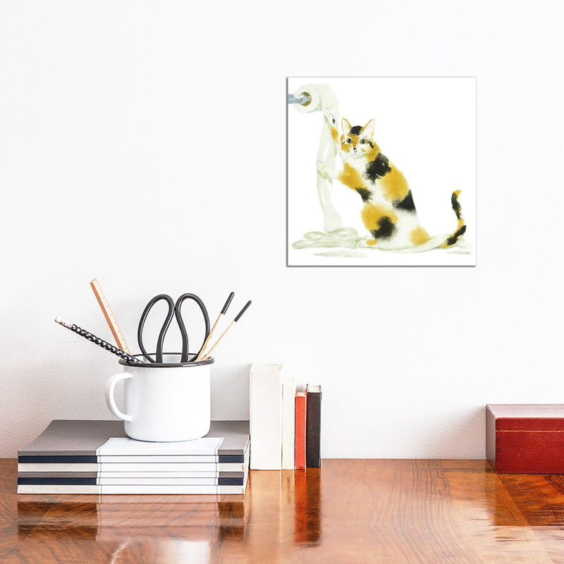 Calico Cat And Toilet Paper by Alexey Dmitrievich Shmyrov - Wrapped Canvas Gallery-Wrapped Canvas Giclée