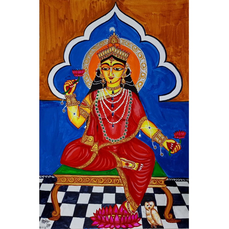 Déesse Lakshmi sur piédestal | Aquarelle sur papier | Par Soumick Das