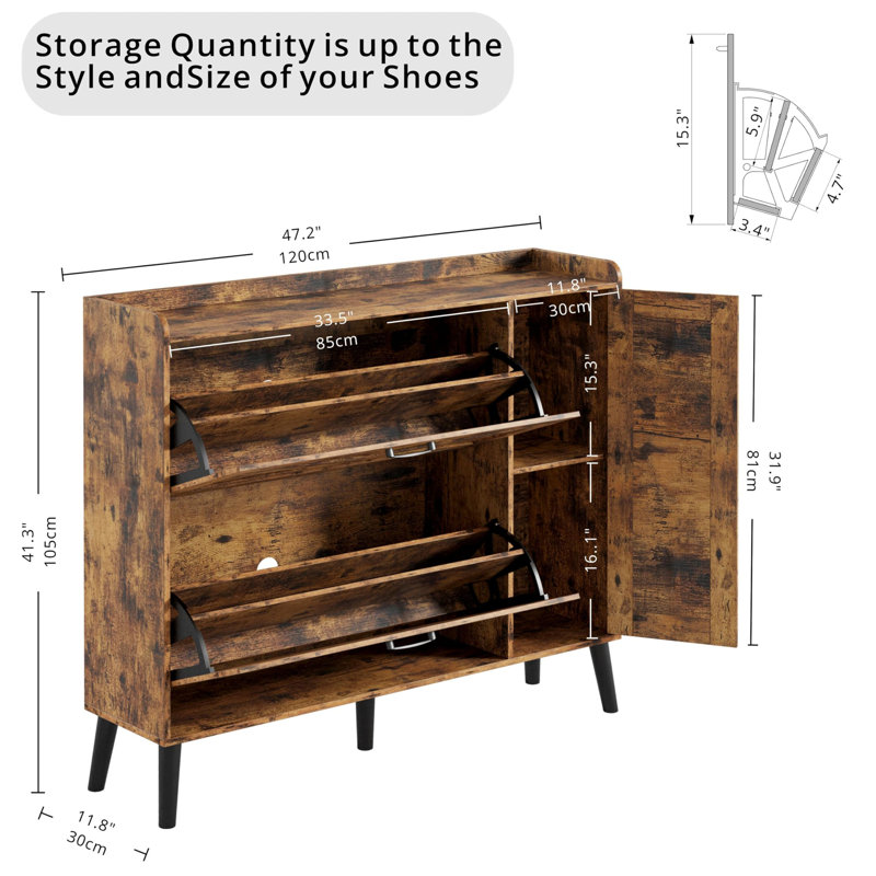 47 Inch Shoe Cabinet For Entryway, Freestanding Shoe Rack With Two Space Saving Flip-out Drawers And Adjustable Shelves Side Cabinet