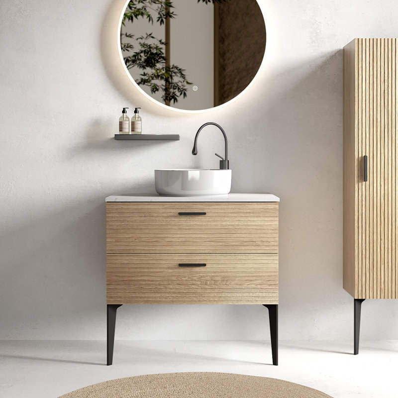 Meuble-lavabo sur pied 30 po en chêne rayé avec lavabo en céramique