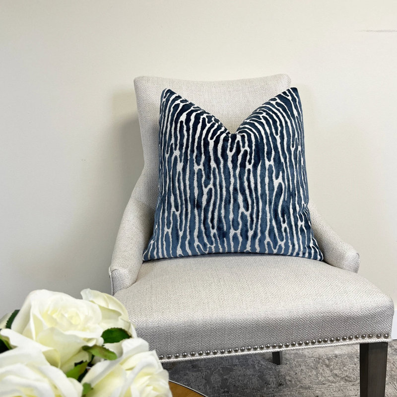 Stripe Velvet Throw Pillow Cover, 20"H x 20"W, White/Navy Striped