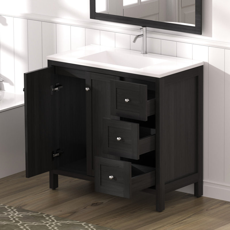Meuble-lavabo noir de 35,5 po, lavabo en résine, tiroirs à fermeture en douceur, eau texturée, rangement facile, surface d'eau, installation facile