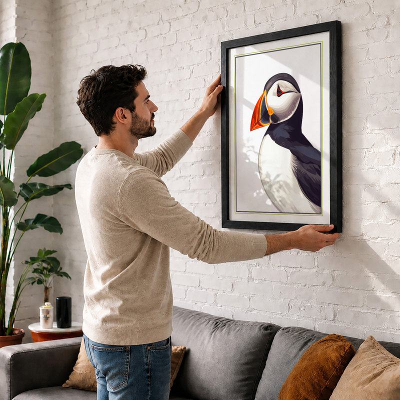 Puffin Profile Coastal - Framed Print, A4 - 29.7 x 21.0 cm, Oak