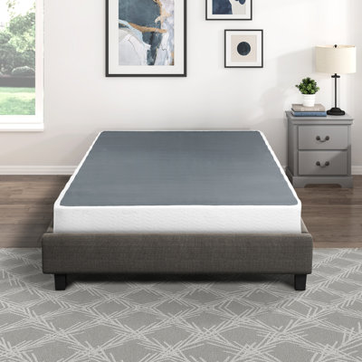 Black Metal Frame Queen Mattress Base - Textured Fabric Enclosure 12 Slat Support 700Lb Capacity Easy Installation 8.5 Covered Platform Construction 700Lbs Assembly