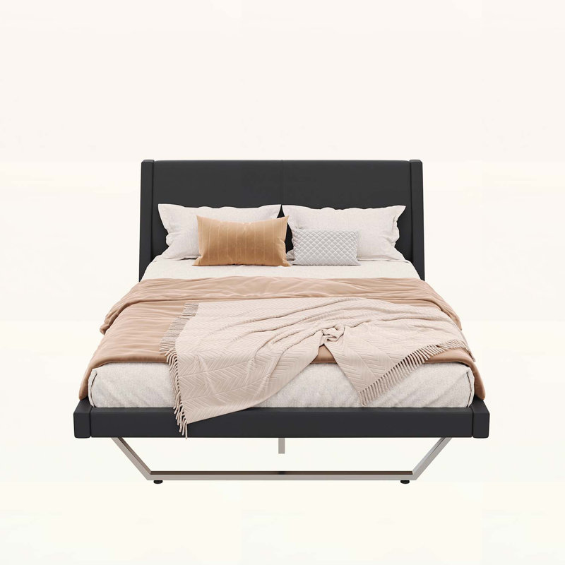 Lit plateforme tapissier avec courbe ondulée et pieds trapézoïdaux, aucun sommier nécessaire, Noir, Grand lit