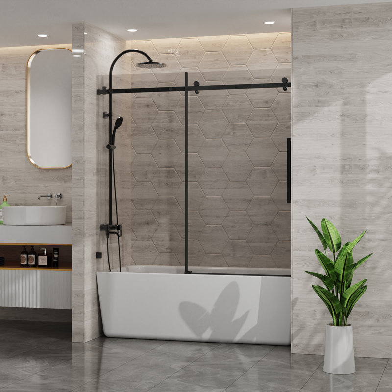 56-60" W X 58" H Bathtub Door, Frameless Tub Sliding Shower Door, 1/4" (6mm) Thick Tempered Clear Glass With Easy-clean Coating, Stainless Steel Hardware, Matte Black